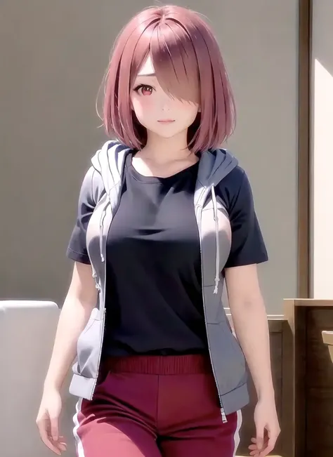 realistic, 1girl, solo, <lora:hoshino_miyako-v2:0.8>, hoshino_miyako, red hair, red eyes, hair over one eye, short hair, indoors, track pants, black shirt, large breasts, t-shirt, open jacket, hood, short sleeves, grey hoodie