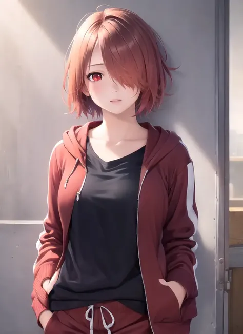 realistic, 1girl, solo, <lora:hoshino_miyako:0.8>, hoshino_miyako, red hair, red eyes, hair over one eye, short hair, indoors, track pants, black shirt, large breasts, t-shirt, open jacket, hood, short sleeves, grey hoodie