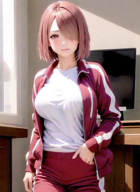 (photorealistic:1.5),1girl,solo,(hoshinomiyako:1.1), sitting,on bed,bedroom,(gigantic breasts:1.4),tiny waist,red tracksuit