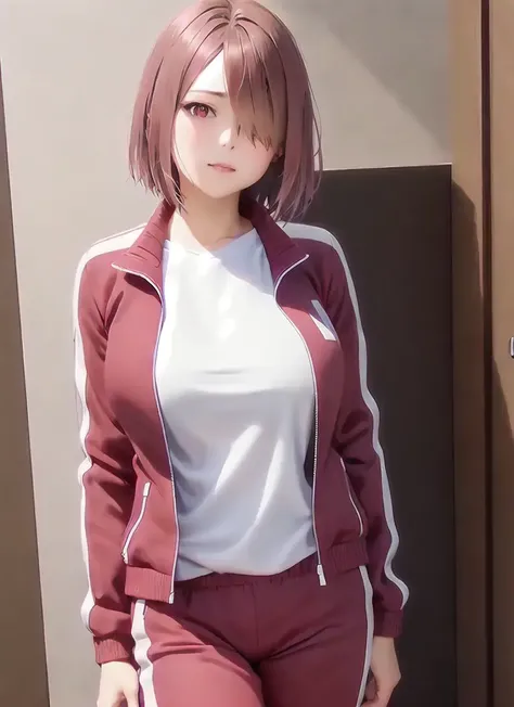 realistic, 1girl, solo, <lora:hoshinoMiyakoWatashiNi_v30:0.8>, hoshino_miyako, red hair, red eyes, hair over one eye, short hair, indoors, track pants, white shirt, large breasts, t-shirt, track jacket, open jacket