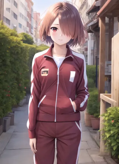 masterpiece, best quality, high quality, 1girl, solo, <lora:hoshino_miyako:1>, hoshino_miyako, 1girl, solo, track pants, white shirt, track jacket, outdoors, day