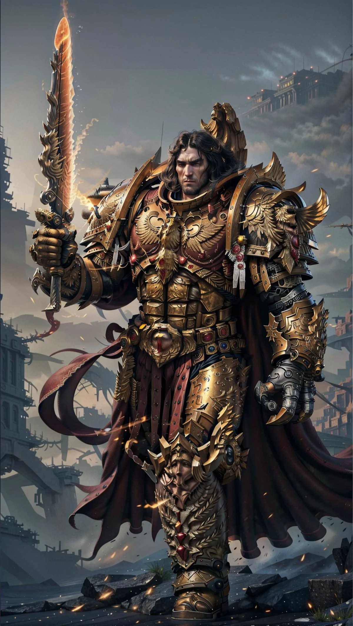 THE EMPEROR OF MANKIND, warhammer 40k, <lora:THE EMPEROR OF MANKIND MK1 by CCARAXESS:0.9> BREAK,
flaming sword, power Claw, golden armor, <lora:Gigachadv1:0.5> BREAK,, masterpiece, best quality, hyperrealistic, extremely detailed, highly quality, 4k, sharp focus, professional photograph, sharp focus, award winning, cinematic lighting, octane render, unreal engine, volumetrics dtx, Wallpaper,