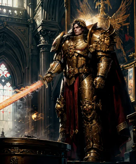 close-up, textured skin, oil painting, in Rembrandt style, Emperor of Man, flaming sword, holding sword,
(warhammer 40k:1.2), (sunbeam:1.2), godrays, sunbeam, dim lighting, dark, heavy shadow, (extremely detailed, 8k), high detail, dramatic, dynamic composition, accent lighting, epic, metal reflections,
golden ratio composition, rule of thirds, (masterpiece, absurdres, high quality, highres, best quality:1.3),
<lora:THE EMPEROR OF MANKIND MK1 by CCARAXESS:0.65> <lora:more_details:0.7> <lora:epi_noiseoffset2:0.7>