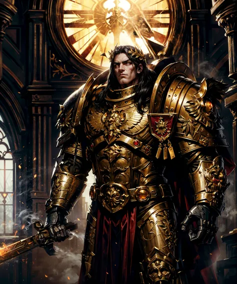 close-up, textured skin, oil painting, impressionism, Emperor of Man, regal (warrior:1.2), detailed handsome face, hypermasculine, strong jawline, glowing eyes, long black hair, (proud:1.2), detailed symmetric eyes, (yellow eyes:1.1), detailed realistic skin. Wearing golden armor, (armored gloves, gauntlets:1.1), laurel crown, golden aura, cape, intricately detailed, wide shoulders, narrow waist, dynamic pose, (hand up:1.4), holding flaming sword,
indoors, gothic hall, throneroom, (warhammer 40k:1.2), (sunbeam:1.2), godrays, sunbeam, dim lighting, dark, heavy shadow, (extremely detailed, 8k), high detail, dramatic, dynamic composition, accent lighting, epic, metal reflections, depth of field,
golden ratio composition, rule of thirds, (masterpiece, absurdres, high quality, highres, best quality:1.3),
<lora:THE EMPEROR OF MANKIND MK1 by CCARAXESS:0.65> <lora:more_details:0.7> <lora:epi_noiseoffset2:0.7>