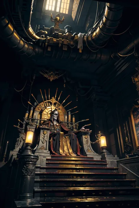 Masterpiece, best quality,
(by Syd Mead)
((Medium Close Shot)), ((Full Body shot)),
((emperor of mankind, rotting corpse, skull face, decomposing body, decomposing skin, laurel crown, robe, empty eyes,
(mechanical eye, golden throne, pipes, wires, tubes attached to body:1.2), monolith-like structure, regal, sitting, on the golden throne on top of pyramid like structure, wires, decaying body, ominous, solemn, cathedral like interior)),
((dynamic pose)), ((Volumetric lighting)), ((Subtle lighting)), ((Good Highlights)), ((Perfect Proportions)), ((Painting in Oil)), ((Painterly)), (Illustration), (stylistic), (dynamic), (intricate), (complimentary colors), (Professional), (Award winning), (photorealistic:1.5), (detailed face), centered, <lora:THE EMPEROR OF MANKIND MK1 by CCARAXESS:0.7> <lora:tool - Elixir:0.7> <lora:artstyle - LowRA:0.5>