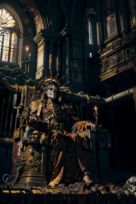 Masterpiece, best quality,
(by Syd Mead)
((Medium Close Shot)), ((Full Body shot)),
((emperor of mankind, rotting corpse, skull face, decomposing body, decomposing skin, laurel crown, robe, empty eyes,
(mechanical eye, golden throne, wires, tubes:1.2), regal air, sitting, on the golden throne, wires, decaying body, ominous, solemn)),
((dynamic pose)), ((Volumetric lighting)), ((Subtle lighting)), ((Good Highlights)), ((Perfect Proportions)), ((Painting in Oil)), ((Painterly)), (Illustration), (stylistic), (dynamic), (intricate), (complimentary colors), (Professional), (Award winning), (photorealistic:1.5), (detailed face), centered, <lora:artstyle - SydMead_style:0.7> <lora:THE EMPEROR OF MANKIND MK1 by CCARAXESS:0.7> <lora:tool - Elixir:0.7> <lyco:cosmetic - UnlimitedBladeWorks1.6:0.7> <lora:artstyle - LowRA:0.5>