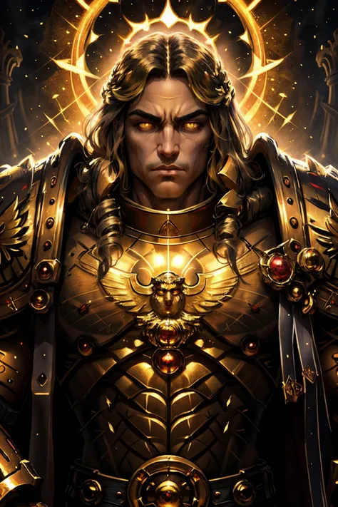 mature adult, illustration, beautiful detailed eyes,best quality,highly detailed,masterpiece,ultra-detailed,illustration, long hair, olive skin, full armor, muscular, god-like physique, golden armor, glowing golden aura,
1 man, serious, stern, yellow eyes, EMPEROR OF MANkind, glowing eyes, <lora:THE EMPEROR OF MANKIND MK1 by CCARAXESS:0.7> <lora:tool - Elixir:0.7>