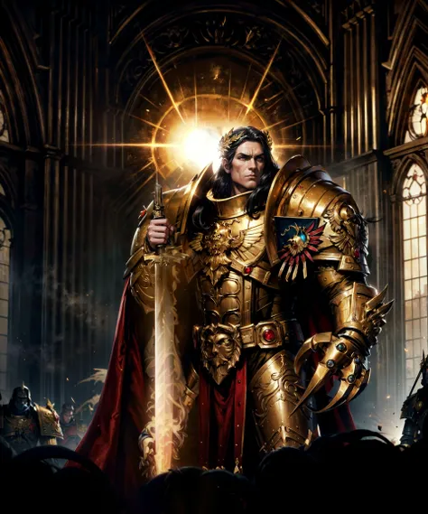 close-up, textured skin, oil painting, impressionism, Emperor of Man, regal (warrior:1.2), detailed handsome face, hypermasculine, strong jawline, glowing eyes, long black hair, (proud:1.2), detailed eyes, glowing eyes, yellow eyes, detailed realistic skin. Wearing golden armor, armored gloves, gauntlets, laurel crown, golden aura, cape, intricately detailed, wide shoulders, dynamic pose, (claw \(weapon\):1.3), holding sword, (flaming sword:1.2),
indoors, gothic hall, throneroom, (warhammer 40k:1.2), (sunbeam:1.2), godrays, dim lighting, dark, heavy shadow, (extremely detailed, 8k), dramatic, dynamic composition, accent lighting, epic, metal reflections, depth of field,
golden ratio composition, rule of thirds, (masterpiece, absurdres, high quality, highres, best quality:1.3),
<lora:THE EMPEROR OF MANKIND MK1 by CCARAXESS:0.65> <lora:more_details:0.7> <lora:epi_noiseoffset2:0.7>