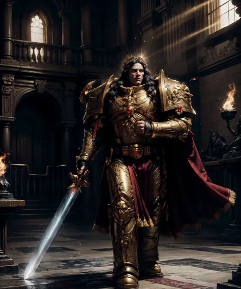 full body shot, 4k uhd, RAW photo, 16mm, ultra realistic, textured skin, shot with cinematic camera,
Photographic shot of Emperor of Man, regal (warrior:1.2), detailed handsome face, hypermasculine, strong jawline, glowing eyes, long black hair, (proud:1.2), detailed symmetric eyes, (looking at viewer:1.1), detailed realistic skin. Wearing golden armor, armored gloves, gauntlets, laurel crown, golden aura, cape, intricately detailed, wide shoulders, narrow waist, dynamic pose, (flaming sword:1.3), huge weapon, (hand up:1.3),
indoors, gothic hall throneroom, (warhammer 40k:1.2), (sunbeam:1.2), bright lighting, subsurface scattering, (extremely detailed, 8k), high detail, dramatic, dynamic composition, cinematic lighting, accent lighting, epic, metal reflections, (depth depth of field, bokeh:1.2),
golden ratio composition, rule of thirds, cinematic, (masterpiece, absurdres, high quality, highres, best quality:1.3),
<lora:Elixir:0.5> <lora:THE EMPEROR OF MANKIND MK1 by CCARAXESS:0.65> <lora:more_details:0.7> <lora:ThroneRoom-10:0.6>