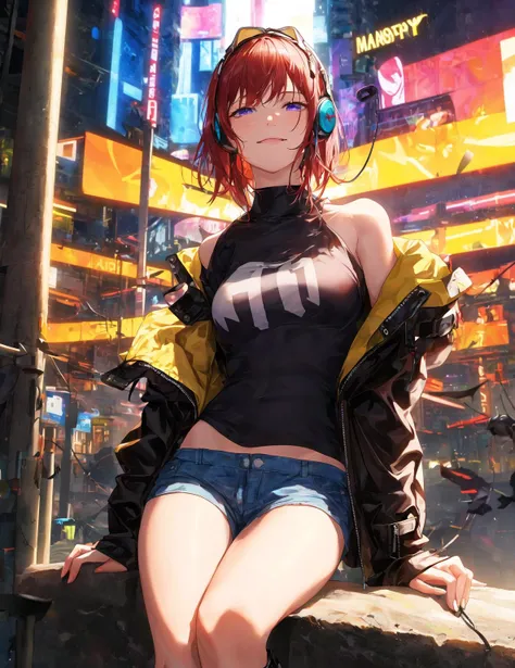 masterpiece,bestquality,ultra-detailed,Cinematic Lighting,llustration,masterpiece, best quality,1girl,medium breasts,medium hair, solo, Adult,Happy,Raised eyebrow,Smug,(cowboy shot:1.2),sitting,knee boots,black black jacket, open jacket,(earphones), shorts,city,cyberpunk, wind,realistic and detailed clothes, fine fabric emphasis, bare shoulders, photorealistic,