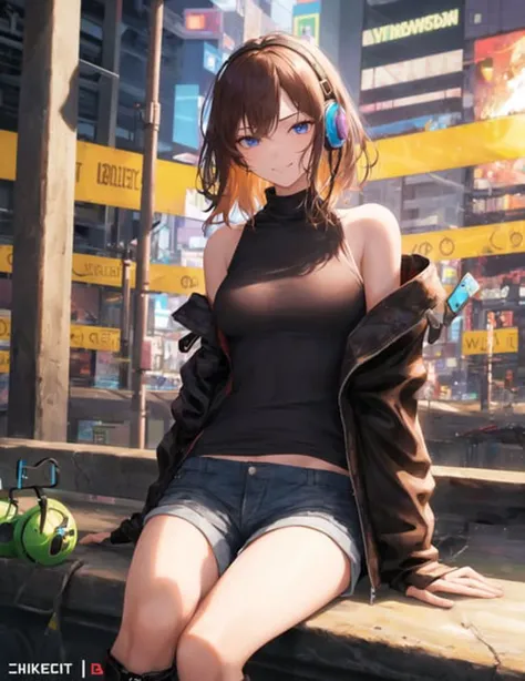 masterpiece,bestquality,ultra-detailed,Cinematic Lighting,llustration,masterpiece, best quality,1girl,medium breasts,medium hair, solo, Adult,Happy,Raised eyebrow,Smug,(cowboy shot:1.2),sitting,knee boots,black black jacket, open jacket,(earphones), shorts,city,cyberpunk, wind,realistic and detailed clothes, fine fabric emphasis, bare shoulders, photorealistic,