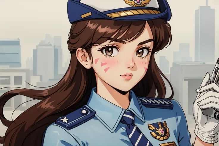 best quality, intricate details,
 <lora:officerDVaLora_officerDVaV1:0.8> Officer_DVa, female_service_cap, brown_eyes, pink_facial_mark, white_gloves, 
 <lora:Retro-V1:0.8>  1990s (style), 1980s (style), retro style,,