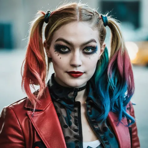 High res portrait photo of an actress dressed as Harley Quinn, f /2.8, Canon, 85mm,cinematic, high quality, skin texture, looking at the camera, <lora:gihadid_xl_1_standard-000094:1>