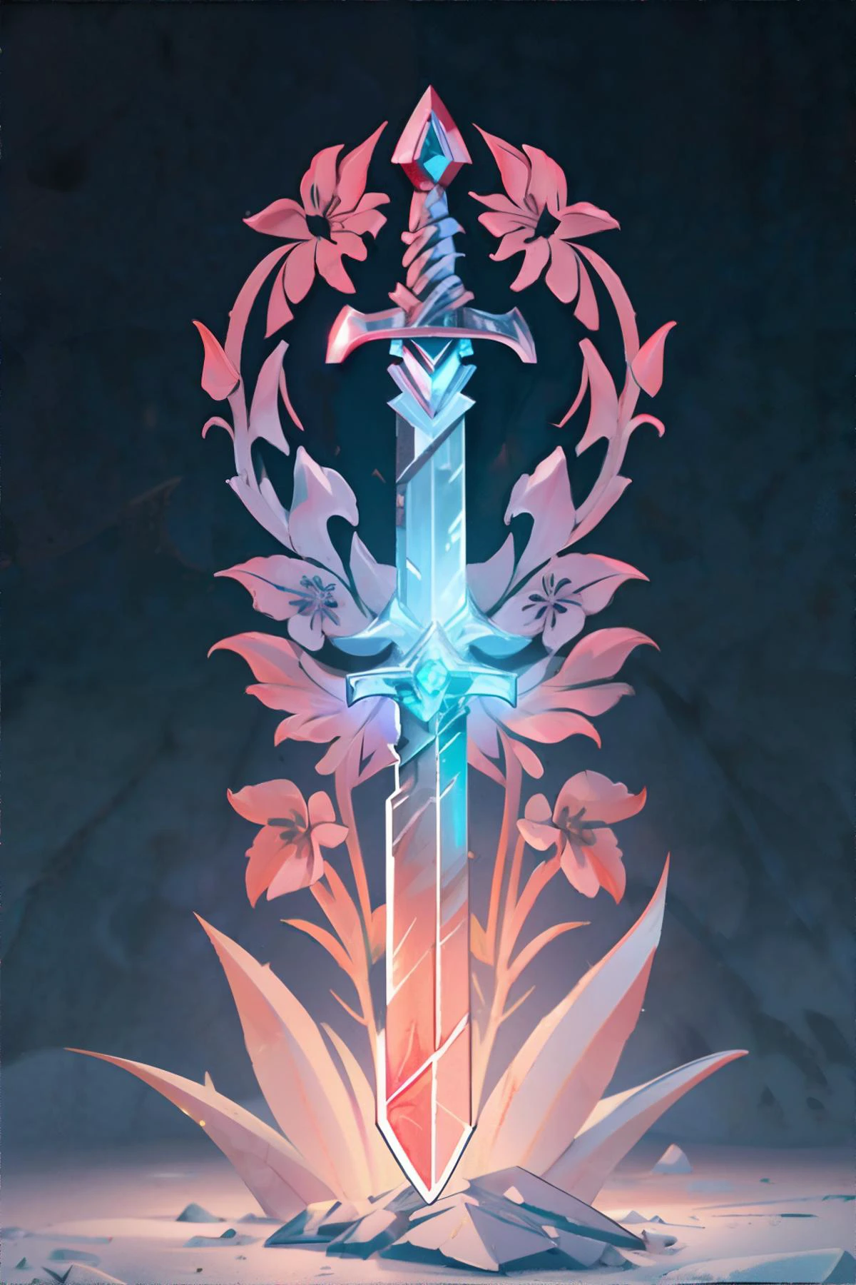 <lora:flowerpetalai:0.4> flowerpetalai, Sword, (flame, ice, earth palette) || masterpiece, 8k, high resolution, shallow depth of field, sharp focus