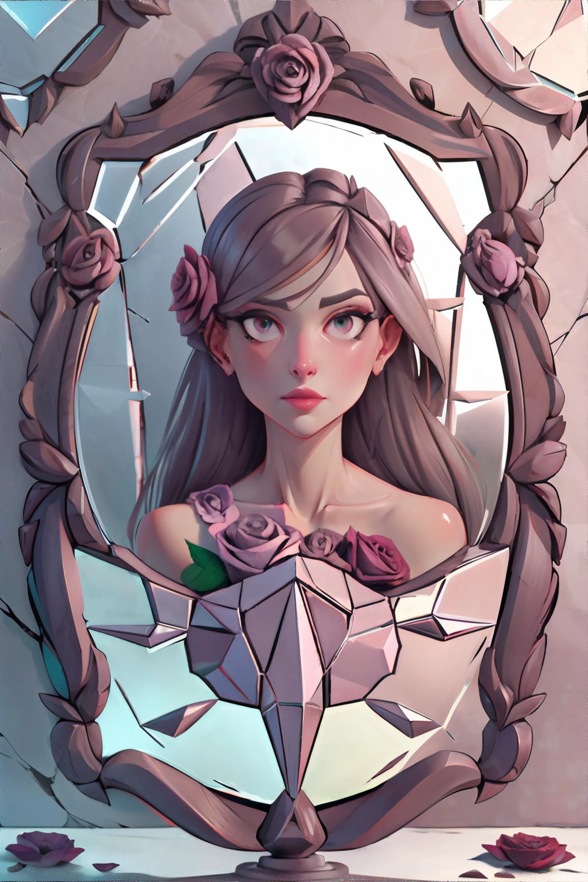 <lora:flowerpetalai:0.4> flowerpetalai, cracked mirror, (rose, slate, taupe palette) || masterpiece, 8k, high resolution, shallow depth of field, sharp focus