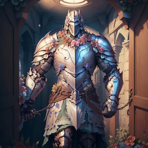 masterpiece, absurdres, extremely detailed, detailed eyes, fullbody, <lora:Flowerpetalai:0.6> 1man, muscular, knight, armoured, Flowerpetalai, day, volumetric lighting,
