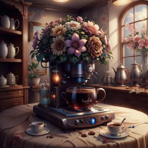 masterpiece, absurdres, extremely detailed, detailed eyes, fullbody, <lora:Flowerpetalai:0.6>, coffee machine, Flowerpetalai, day, volumetric lighting,