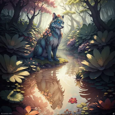 masterpiece, absurdres, extremely detailed, detailed eyes, fullbody, <lora:Flowerpetalai:0.6> Flowerpetalai, forest, day, lake, volumetric lighting,