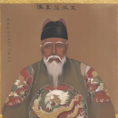 1boy, male focus, facial hair, solo, fine art parody, hat, beard, eastern dragon, mustache, old man, dragon, brown background, old, upper body, looking at viewer, border, white hair, <lora:king-000080:1>