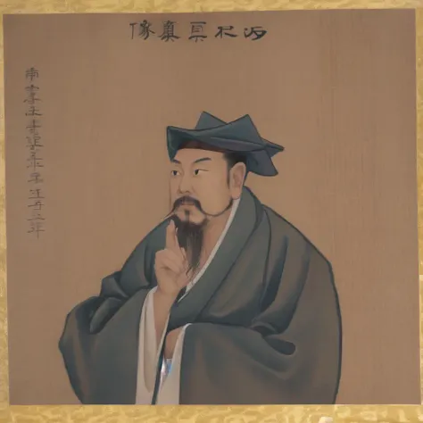 solo, 1boy, facial hair, male focus, mustache, beard, dark skin, parody, brown background, black hair, fine art parody, upper body, hanfu, dark-skinned male, black eyes, japanese clothes, <lora:king-000080:1>