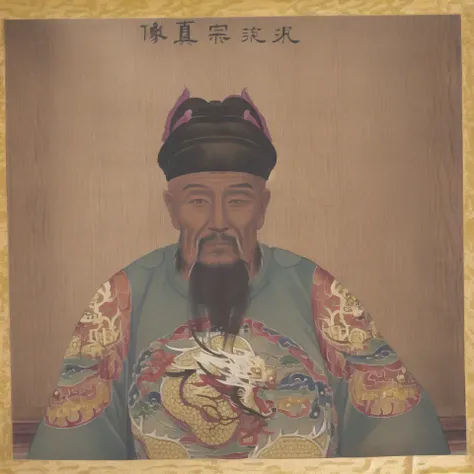 1boy, male focus, facial hair, solo, hat, fine art parody, mustache, beard, upper body, dragon, looking at viewer, old, black hair, old man,<lora:king-000060:1>