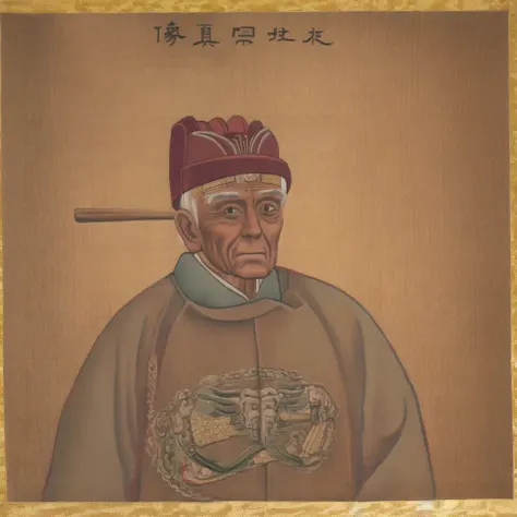 male focus, solo, 1boy, hat, old, upper body, fine art parody, old man, brown background, baseball cap, looking at viewer, border, parody, <lora:king-000080:1>