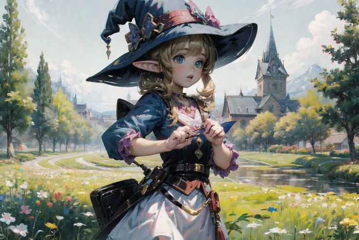 Canon PowerShot SD770 IS,masterpiece,best quality,absurdres,detailed background,perfect correct anatomy,(close-up:1.2,face_focus),looking at viewer,[from right side:medium:1.1],(oil painting),solo,a young preteen child elf witch [selects goods in the wizard`s shop: medium:1.25] of a fantasy village,looking in surprise,shy,smile eyes,fantasy winter day,sunlight,witch hat,witches belt,brilliant blonde:1.2 hair),small hands,thin fingers,pastel colors,soft shadow,chromatic aberration,<lora:add_detail:0.53>,<lyco:GoodHands-beta2:1>,<lora:age_slider_v6:-2>,<lora:hado_style_v01.1final:0.2>,<lora:oil_painting_v1:0.85>,<lora:Kitazume_Hiroyuki_style_v01.08:0.2>,21thkitazume,<lora:HerrscherAGGA2023_CuteMaster_PastelStyle:0.25>,AGGA_ST004