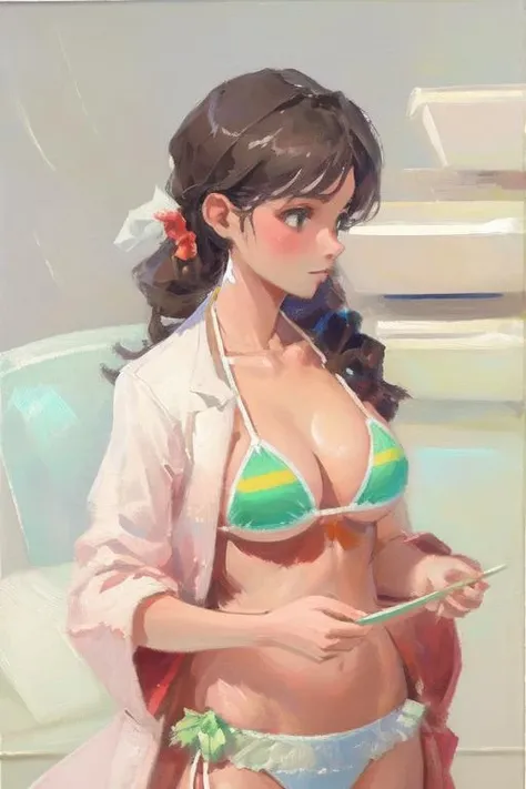 masterpiece,beach,1girl,bikini, upper body, <lora:oil_painting_v1:1>, best_quality, 1girl