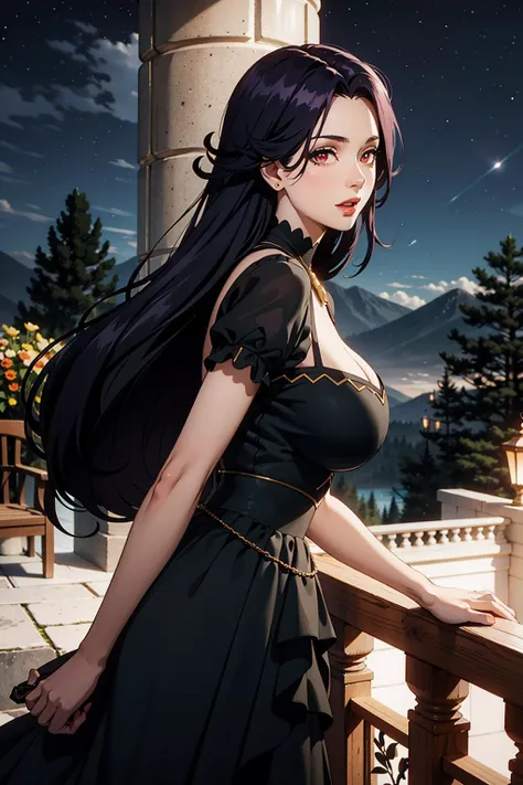 from side, (night time), starry sky, victorian architecture, (garden view), nature, flowers, large balcony, 1girl, beautiful, beauty, huge breast, sagging breast, detailed face, detailed eyes, jet black hair, long hair, crimson red eyes, red lips, slihtly make up, snow white skin, shiny skin, (dark blue dress), one piece dress, eleborate dress, standing on the balcony, warm smie, looking at viewer, (mater piece, best quality, 8K, UHD, extreme detailed description, professional, studio lighting, sharp focus, natural lighting, highres, ultra detailed 8K CG, perfect lighting, exremely detailed background, eleborate atmosphere:0.75, fantastical colors, vivid colors, soft HDR), <lora:Aurora_Eminence_Shadow-KK77-V2:0.45>