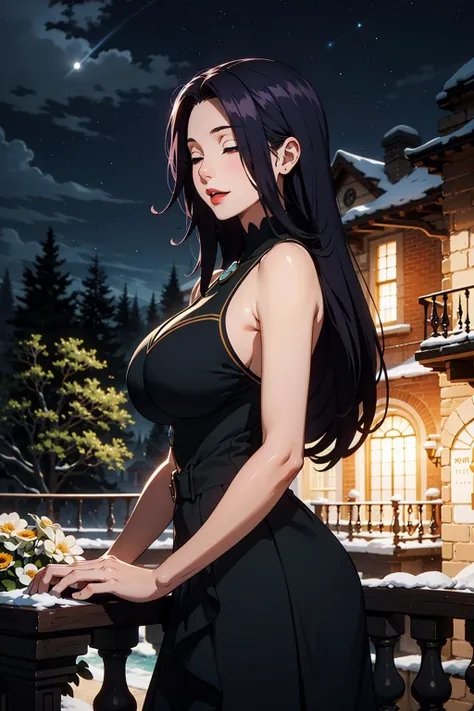 from side, close up, (night time), starry sky, victorian architecture, (garden view), nature, flowers, large balcony, 1girl, beautiful, beauty, huge breast, sagging breast, detailed face, detailed eyes, jet black hair, long hair, crimson red eyes, red lips, slihtly make up, snow white skin, shiny skin, (dark blue dress), one piece dress, eleborate dress, standing on the balcony, (closed eyes, sincere smile), looking at viewer, (mater piece, best quality, 8K, UHD, extreme detailed description, professional, studio lighting, sharp focus, natural lighting, highres, ultra detailed 8K CG, perfect lighting, exremely detailed background, eleborate atmosphere:0.75, fantastical colors, vivid colors, soft HDR), <lora:Aurora_Eminence_Shadow-KK77-V2:0.45>