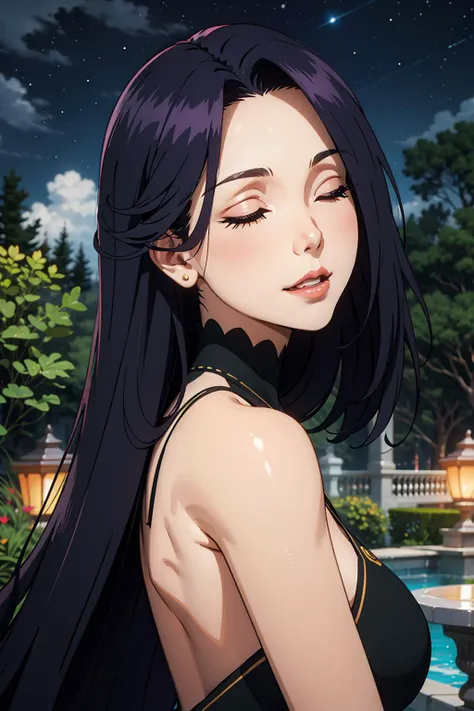 from side, close up, (night time), starry sky, victorian architecture, (garden view), nature, flowers, large balcony, 1girl, beautiful, beauty, huge breast, sagging breast, detailed face, detailed eyes, jet black hair, long hair, crimson red eyes, red lips, slihtly make up, snow white skin, shiny skin, (dark blue dress), one piece dress, eleborate dress, standing on the balcony, (closed eyes, sincere smile), looking at viewer, (mater piece, best quality, 8K, UHD, extreme detailed description, professional, studio lighting, sharp focus, natural lighting, highres, ultra detailed 8K CG, perfect lighting, exremely detailed background, eleborate atmosphere:0.75, fantastical colors, vivid colors, soft HDR), <lora:Aurora_Eminence_Shadow-KK77-V2:0.45>