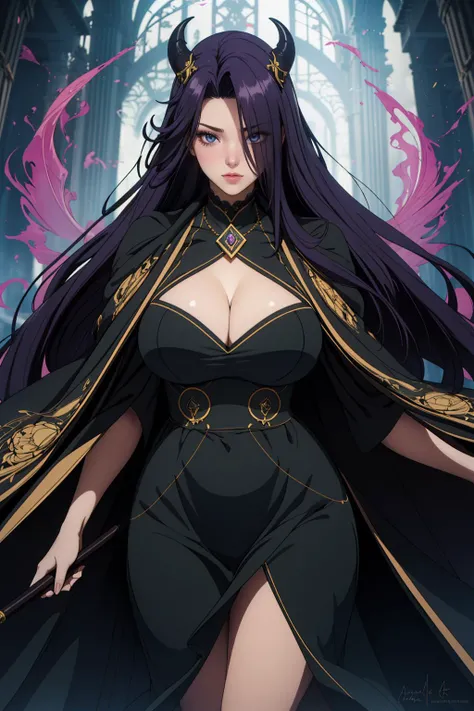 pale skin, violet eyes, perfect skin, fair skin, (solo), long silky black hair, makeup, create an image of a fantasy character wearing a fantasy robe, (Compressed chest:1.3), necklace, character in the middle, standing, (well-proportioned curves)