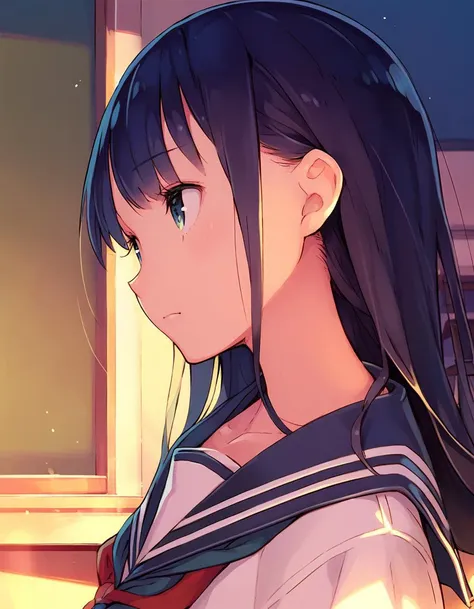 <lora:shinichirou_otsuka for pony:0.8>,score_9, score_8_up, score_7_up, source_anime, 1girl, serafuku, school uniform, indoors, classroom, sitting, looking at another, solo,close-up, sunset,black long hair, upper body, from side,