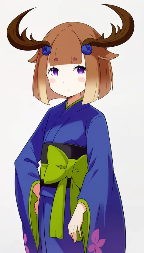 simple background, white background, 
<lora:TanzaXL:0.7>,deertanza, 1girl,solo, short hair, brown hair, deer antlers, blue kimono, deer ears, hair ornament, antlers, long sleeves, blunt bangs, purple eyes, obi, thick eyebrows, wide sleeves, bob cut, green bow, looking at viewer, closed mouth, blush stickers,standing, cowboy shot,
 <lora:shinichirou_otsuka for pony:1> ,