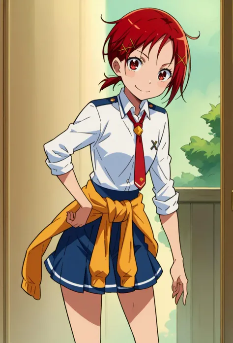 solo, smile, <lora:Hino_AkaneSMV3:0.6> Hino Akane SM, red hair, red eyes, short hair, short ponytail, x hair ornament, hairclip, school uniform, white shirt, long sleeves, red necktie, blue skirt, sleeves rolled up, sweater around waist,  <lora:shinichirou_otsuka for pony:1>, score_9, score_8_up, score_7_up, source_anime,