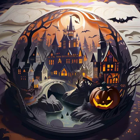 <lora:paper-cut1.5v1:1>paper-cut,castle, illustration, halloween, pumpkin, art, vacation, house, moon, night, drawing, poster, river, forest, house exterior, decorate, tree, bat, picture, stream, black, dark, surround, autumn, landscape, halloween pumpkin, draw, image, design, wood, witch,