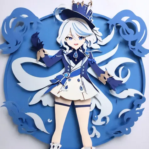 paper-cut,1girl,full body,solo,blue_headwear,looking_at_viewer,white_background,open_mouth,blush,simple_background,tears,hands_on_hips,long_sleeves,blue_jacket,tearing_up,white_gloves,top_hat,ascot,short_hair,white_shirt,flying_sweatdrops,brooch,black_gloves,<lora:paper-cut:1>,<lora:furina_SDXL:1>,