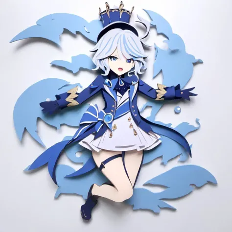 paper-cut,1girl,full body,solo,blue_headwear,looking_at_viewer,white_background,open_mouth,blush,simple_background,tears,hands_on_hips,long_sleeves,blue_jacket,tearing_up,white_gloves,top_hat,ascot,short_hair,white_shirt,flying_sweatdrops,brooch,black_gloves,<lora:paper-cut:1>,<lora:furina_SDXL:1>,