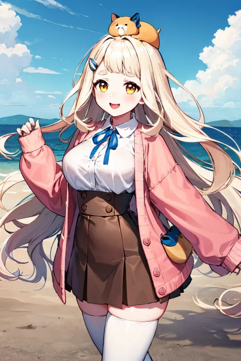 masterpiece, best quality, highres, 1girl, virtual youtuber, skirt, solo, long hair, thighhighs, shirt, blonde hair, brown skirt, white shirt, ribbon, neck ribbon, white thighhighs, sleeves past wrists, collared shirt, thick eyebrows, hair ornament, long sleeves, very long hair, blue ribbon, open clothes, bangs, cardigan, pink cardigan, jacket, yellow eyes, pleated skirt, shirt tucked in, wavy hair, high-waist skirt, pink jacket, open cardigan, <lora:machita_chima_v1:0.6>, standing, cowboy shot, outdoors, animal on head,