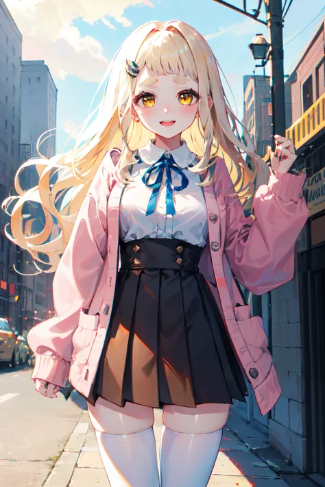 masterpiece, best quality, highres, 1girl, virtual youtuber, skirt, solo, long hair, thighhighs, shirt, blonde hair, brown skirt, white shirt, ribbon, neck ribbon, white thighhighs, sleeves past wrists, collared shirt, thick eyebrows, hair ornament, long sleeves, very long hair, blue ribbon, open clothes, bangs, cardigan, pink cardigan, jacket, yellow eyes, pleated skirt, shirt tucked in, wavy hair, high-waist skirt, pink jacket, open cardigan, <lora:machita_chima_v1:0.6>, standing, cowboy shot, outdoors,