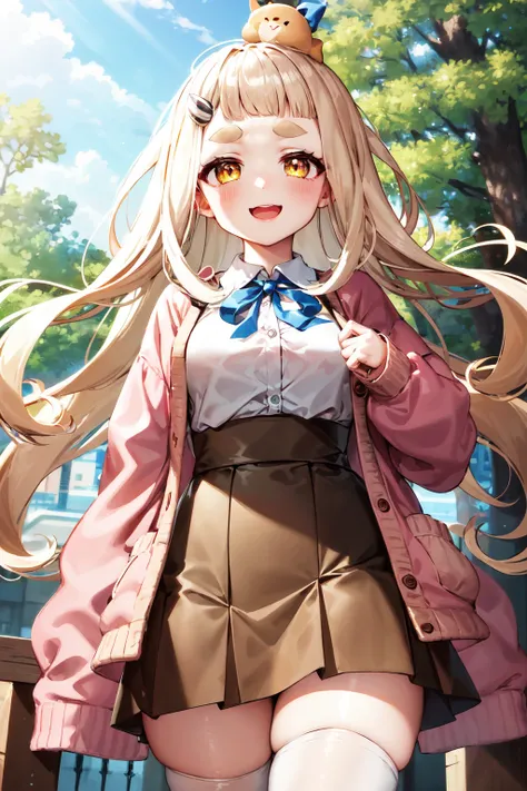 masterpiece, best quality, highres, 1girl, virtual youtuber, skirt, solo, long hair, thighhighs, shirt, blonde hair, brown skirt, white shirt, ribbon, neck ribbon, white thighhighs, sleeves past wrists, collared shirt, thick eyebrows, hair ornament, long sleeves, very long hair, blue ribbon, open clothes, bangs, cardigan, pink cardigan, jacket, yellow eyes, pleated skirt, shirt tucked in, wavy hair, high-waist skirt, pink jacket, open cardigan, <lora:machita_chima_v1:0.6>, standing, cowboy shot, outdoors, animal on head,