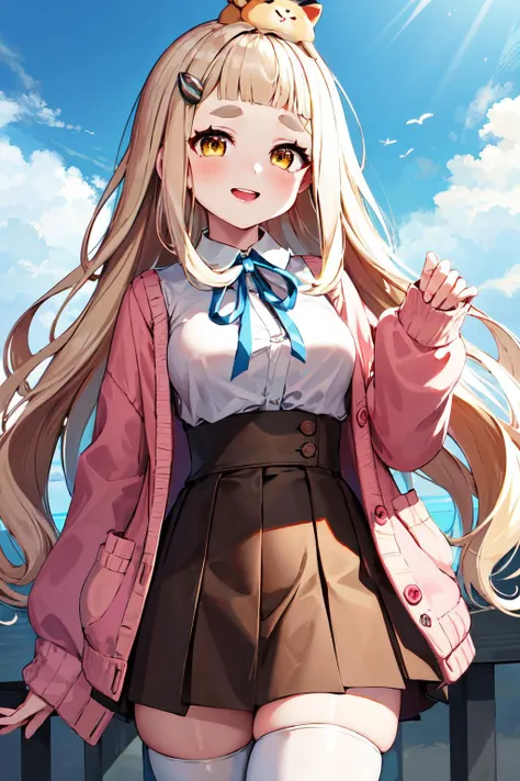 masterpiece, best quality, highres, 1girl, virtual youtuber, skirt, solo, long hair, thighhighs, shirt, blonde hair, brown skirt, white shirt, ribbon, neck ribbon, white thighhighs, sleeves past wrists, collared shirt, thick eyebrows, hair ornament, long sleeves, very long hair, blue ribbon, open clothes, bangs, cardigan, pink cardigan, jacket, yellow eyes, pleated skirt, shirt tucked in, wavy hair, high-waist skirt, pink jacket, open cardigan, <lora:machita_chima_v1:0.6>, standing, cowboy shot, outdoors, animal on head,