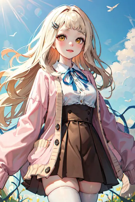 masterpiece, best quality, highres, 1girl, virtual youtuber, skirt, solo, long hair, thighhighs, shirt, blonde hair, brown skirt, white shirt, ribbon, neck ribbon, white thighhighs, sleeves past wrists, collared shirt, thick eyebrows, hair ornament, long sleeves, very long hair, blue ribbon, open clothes, bangs, cardigan, pink cardigan, jacket, yellow eyes, pleated skirt, shirt tucked in, wavy hair, high-waist skirt, pink jacket, open cardigan, <lora:machita_chima_v1:0.6>, standing, cowboy shot, outdoors,
