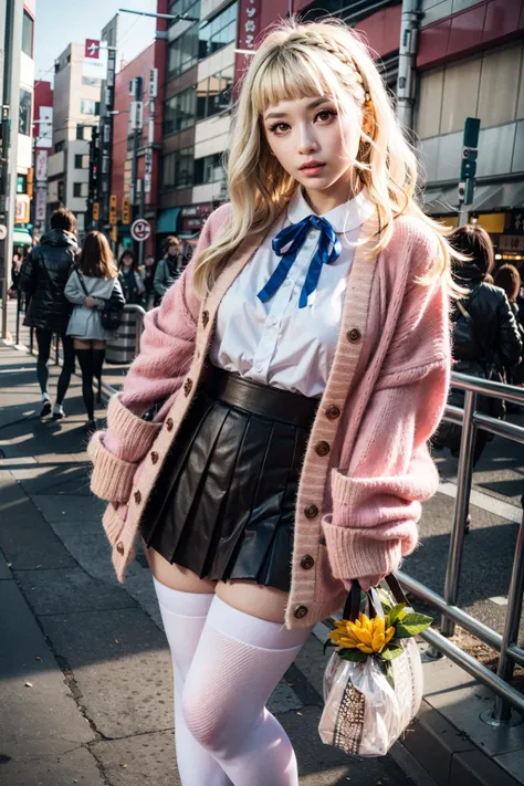 (realistic:1.3), finely detailed, quality, rembrandt lighting, (maserpiece:1.2), (photorealistic:1.2), (best quality), (detailed skin:1.3), (intricate details), dramatic, ray tracing, 1girl, skirt, long hair, bangs, blonde, white blouse, ong sleeves, ribbon, neck ribbon, blue ribbon, brown skirt, pleated skirt, high-waist skirt, white thighhighs, sleeves past wrists, hair ornament, open clothes, (pink:1.4) cardigan, open cardigan, (tokyo, city street, full body, establishing shot), <lora:machita_chima_v1:0.7>