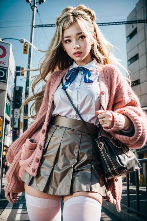 (realistic:1.3), finely detailed, quality, rembrandt lighting, (maserpiece:1.2), (photorealistic:1.2), (best quality), (detailed skin:1.3), (intricate details), dramatic, ray tracing, 1girl, skirt, long hair, bangs, blonde, white blouse, ong sleeves, ribbon, neck ribbon, blue ribbon, brown skirt, pleated skirt, high-waist skirt, white thighhighs, sleeves past wrists, hair ornament, open clothes, (pink:1.4) cardigan, open cardigan, (tokyo, city street, from below, cowboy shot), <lora:machita_chima_v1:0.7>