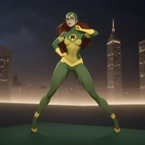 cinematic photo a realistic full body superhero woman wears a full green and yellow bodysuit, text ''R'', sexy poses, night, city background <lora:ShrinkingRae1024:0.8> . 35mm photograph, film, bokeh, professional, 4k, highly detailed
