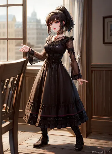 ((best quality)), ((highly detailed)), masterpiece, absurdres, extremely detailed face, beautiful face, (detailed eyes, deep eyes), (1girl), different views, dynamic pose, full body, <lora:hairdetailer:1>, <lora:Lydia_Deetz:1>, Lydia Deetz, black hair, ponytail, (black eyes), (eyeshadow), pale skin, lipstick, makeup, smiling, black dress, choker, red trim, lace trim, see-through sleeves, lace-up boots, (inside, in a dining room)