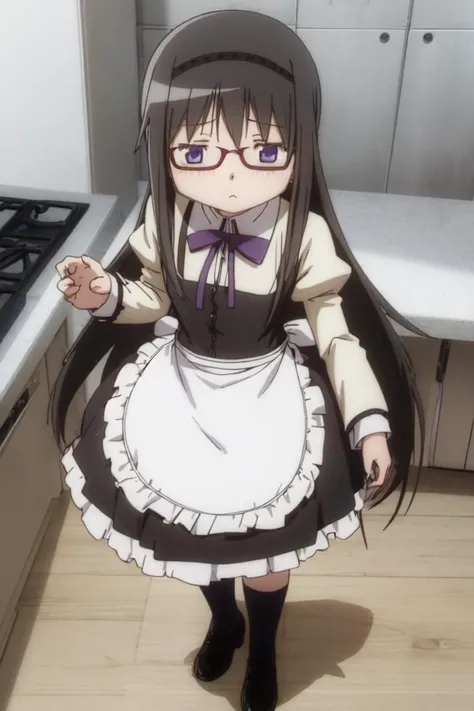 1girl, akemi homura, black hair, long hair, sidelocks, hair band, purple eyes, maid, apron, puffy sleeves, black dress, long sleeves, glasses, looking at viewer, :\<, kitchen, standing, socks, black footwear <lora:style-madoka-2:1>