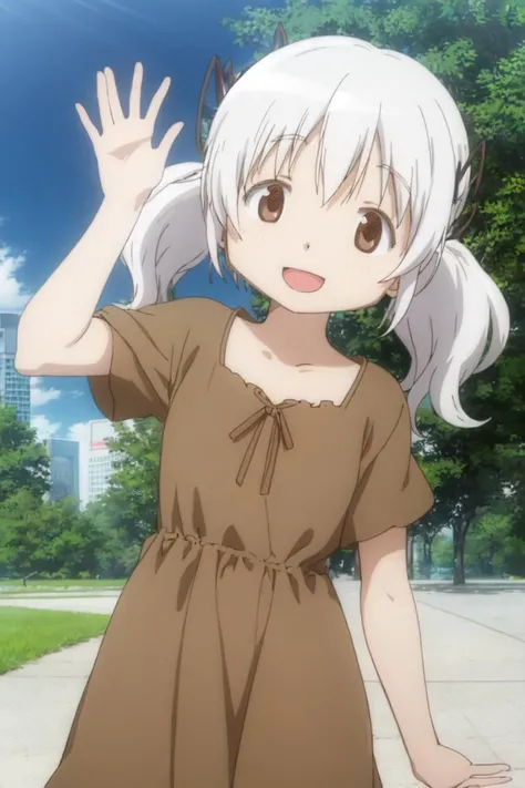 1girl, momoe nagisa, white hair, long hair, twintails, brown eyes, summer dress, waving, outdoors, park, looking at viewer, smile, open mouth <lora:style-madoka-2:1>