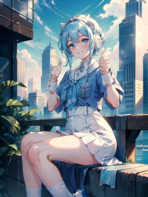 masterpiece, best quality, shifty, cat ear headphones, blue shirt, smile, sailor collar, (two hands, thumbs up:1.2), white skirt, wrist cuffs, socks, sneakers, city street, skyscrapers, smile, sitting, hands on own knees, (8k, RAW photo, best quality), looking at viewer, 1girl, solo, 1990s \(style\),  cowboy shot,   <lora:more_details:0.3>,    <lora:shifty-nvwls-v1:0.7>